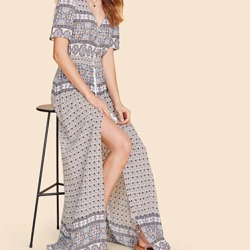✨Button Up Tassel Tie Shirred Waist Ornate Dress✨